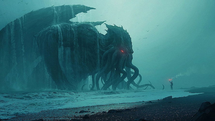 Cthulhu Rising From The Ocean On A Dark Beach With A Lone Figure Holding A Flare HD wallpaper