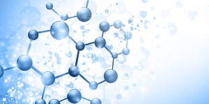 Abstract Blue Molecular Structure with Glowing Spheres and Bokeh Background HD wallpaper