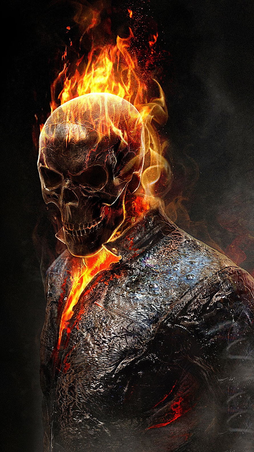 Ghost Rider flaming skull portrait with burning leather jacket and dark smoke background HD phone wallpaper