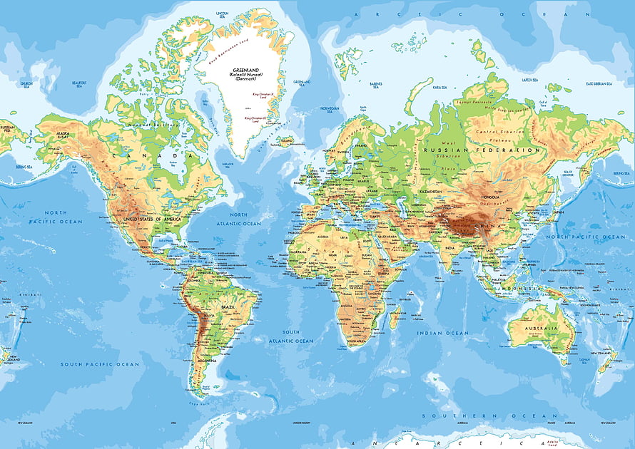 Detailed Physical World Map with Topographic Relief and Ocean Labels HD wallpaper