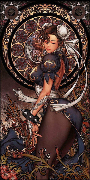 Chun Li in ornate dark gothic illustration with intricate floral patterns and vintage aesthetic HD phone wallpaper