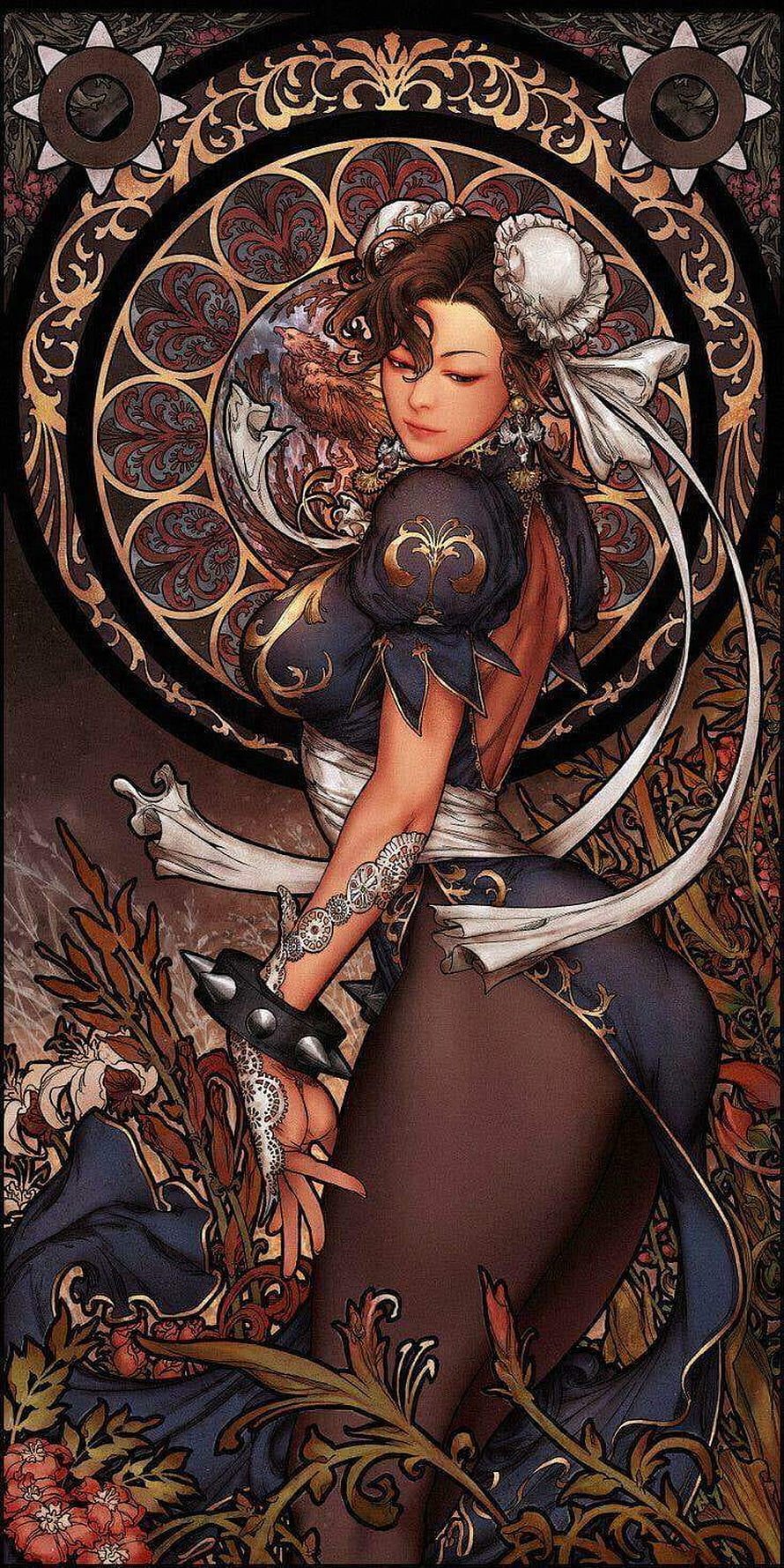 Chun Li in ornate dark gothic illustration with intricate floral patterns and vintage aesthetic HD phone wallpaper