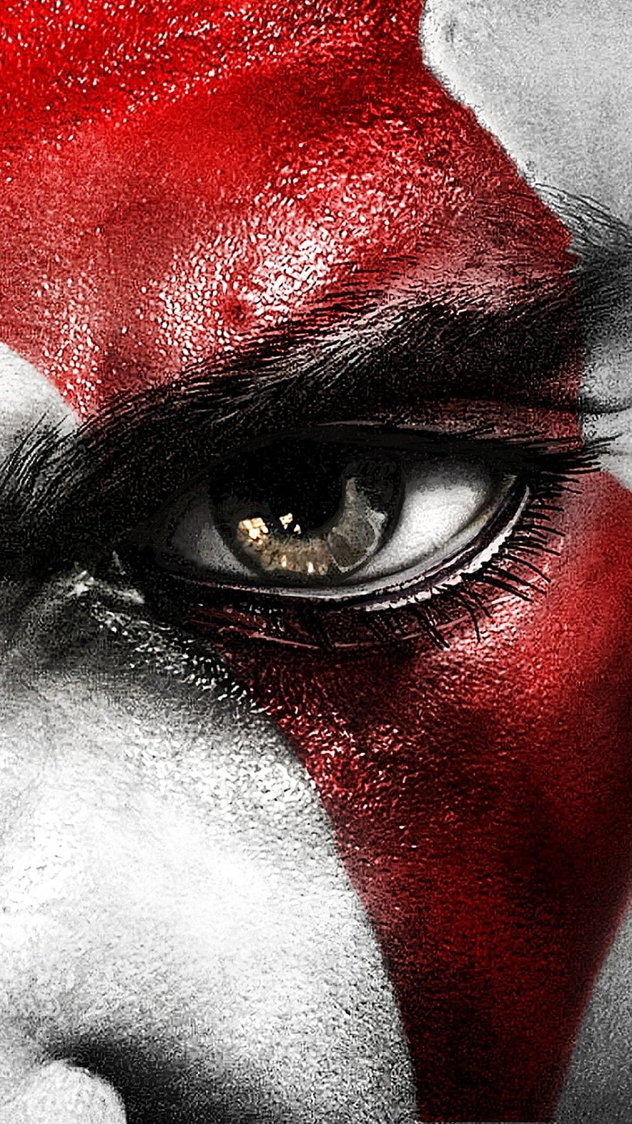 Kratos Close-Up Portrait From God of War 3 With Red War Paint and Intense Gaze HD phone wallpaper
