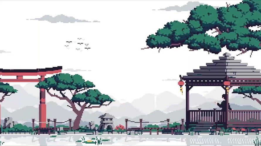 Pixel Art Japanese Garden Scene With Torii Gate, Pavilion, and Distant Mountains HD wallpaper