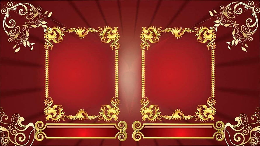 Elegant Gold Ornamental Wedding Frame Design on Deep Red Background HD wallpaper