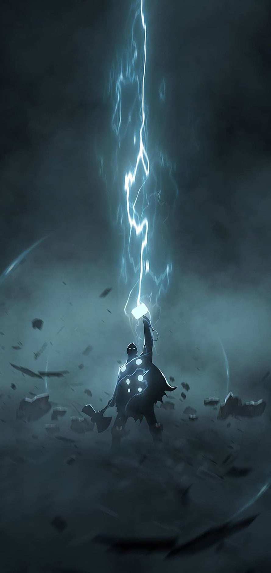 Thor Summoning Lightning with Mjolnir in Dark Cinematic Illustration HD phone wallpaper