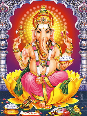 Lord Ganesha Seated on Lotus with Mouse and Offerings in Traditional Indian Art HD phone wallpaper