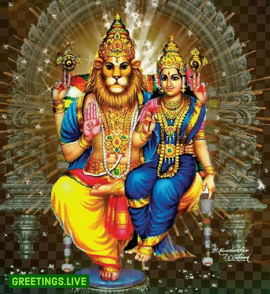 Lakshmi Narasimha Deity Illustration with Radiant Halo and Ornate Temple Architecture HD phone wallpaper