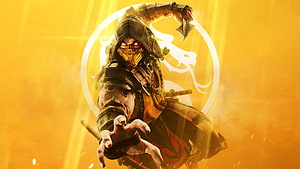 Scorpion Character Artwork From Mortal Kombat 11 With Golden Dragon Emblem HD wallpaper