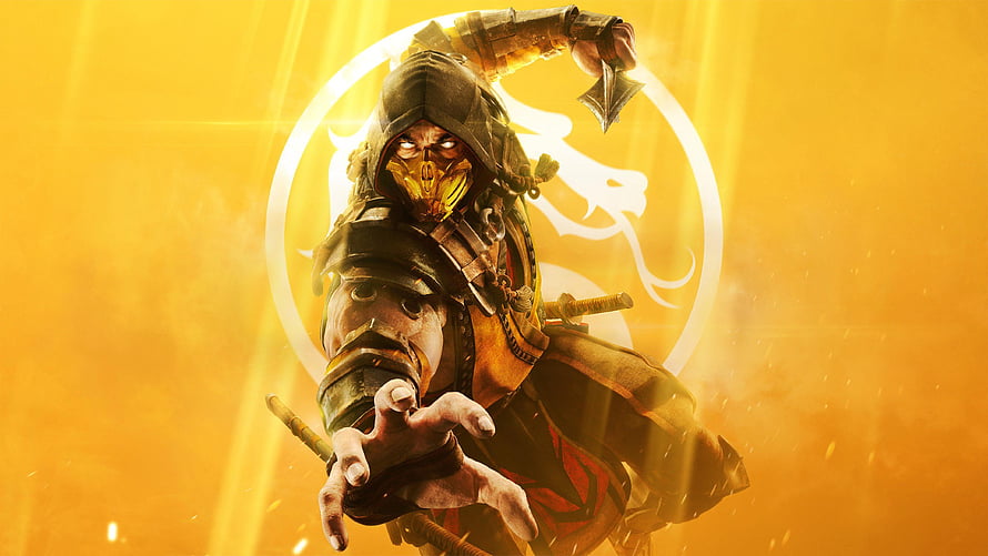 Scorpion Character Artwork From Mortal Kombat 11 With Golden Dragon Emblem HD wallpaper