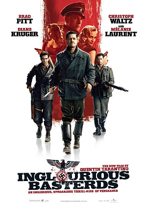 Inglourious Basterds Movie Poster Featuring Brad Pitt and Christoph Waltz in WWII Combat Gear HD phone wallpaper