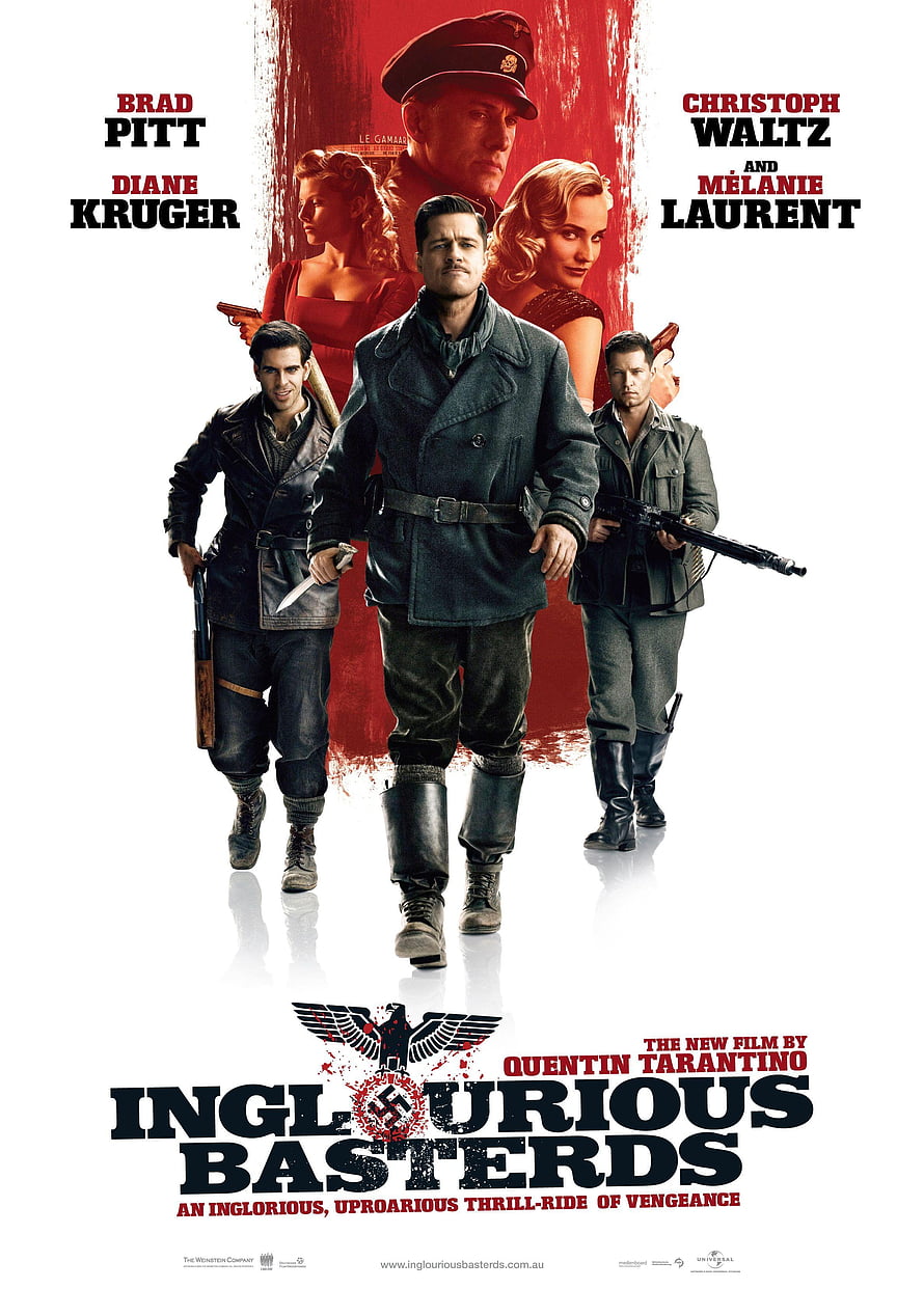 Inglourious Basterds Movie Poster Featuring Brad Pitt and Christoph Waltz in WWII Combat Gear HD phone wallpaper