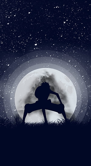 Monkey D. Luffy Silhouette in Gear Second Pose Against a Glowing Full Moon HD phone wallpaper