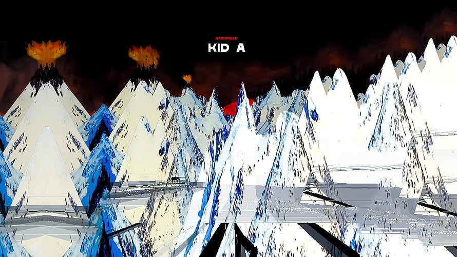 Radiohead Kid A Mnesia Exhibition Artwork Featuring Glitchy Snowy Mountains and Volcanic Peaks HD wallpaper