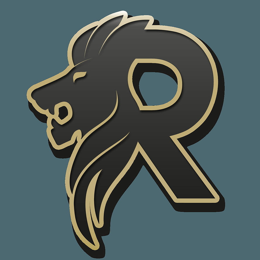 Stylized Roar R Logo with Lion Head in Black and Gold on Teal Background HD phone wallpaper