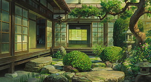 Traditional Japanese Garden with Stone Lanterns and Wooden House in Anime Style HD wallpaper