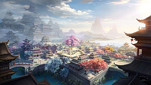 Mystical Chinese Fantasy Cityscape With Traditional Architecture And Cherry Blossoms HD wallpaper