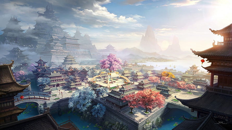 Mystical Chinese Fantasy Cityscape With Traditional Architecture And Cherry Blossoms HD wallpaper