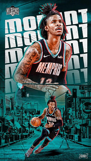 Ja Morant Memphis Grizzlies 20th Season Poster with Teal Cityscape Background HD phone wallpaper