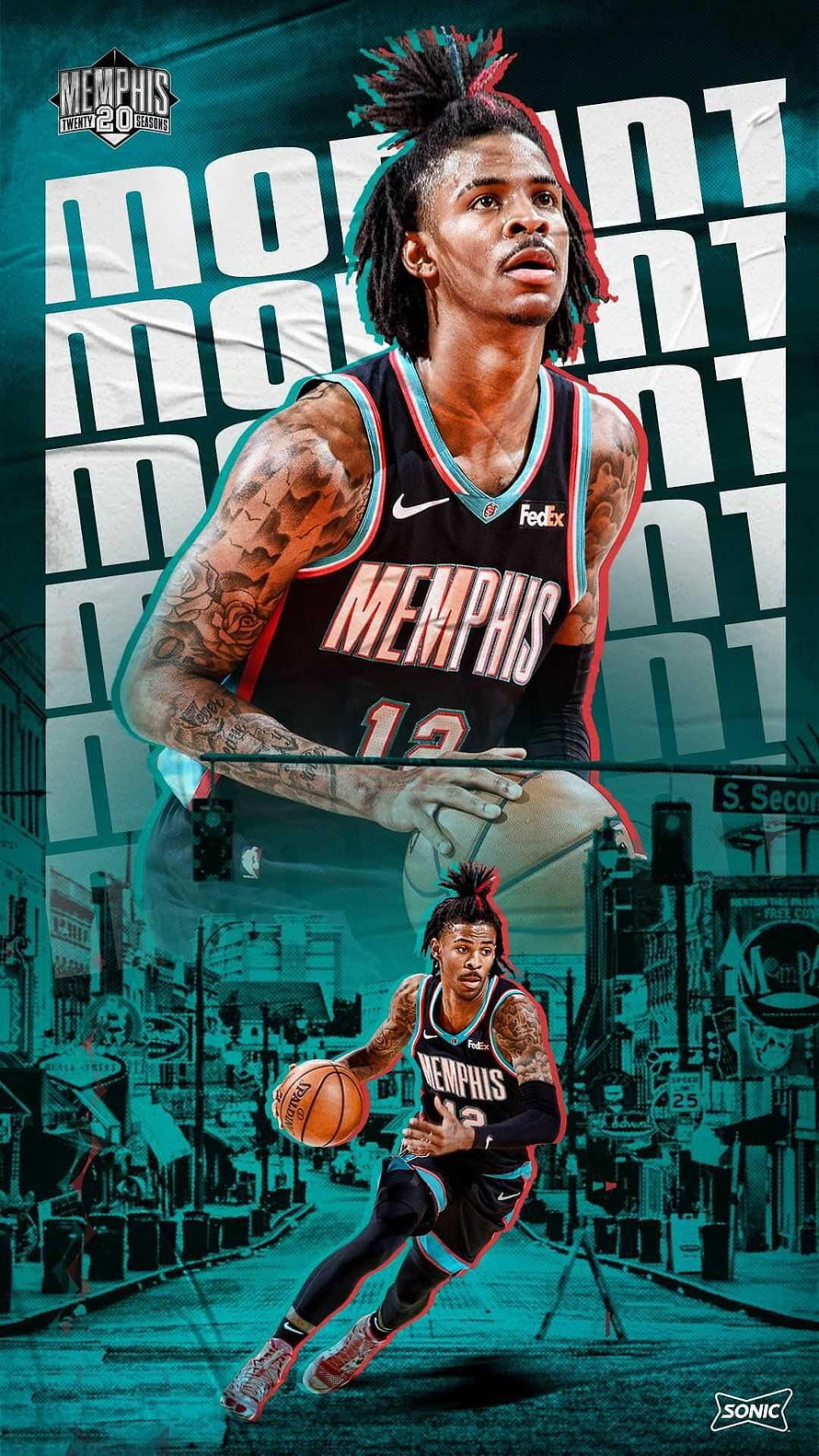 Ja Morant Memphis Grizzlies 20th Season Poster with Teal Cityscape Background HD phone wallpaper