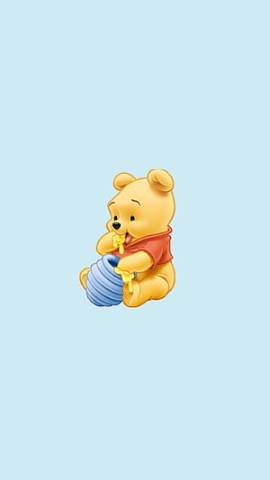 Winnie the Pooh Eating Honey From a Blue Pot on a Soft Blue Background HD phone wallpaper
