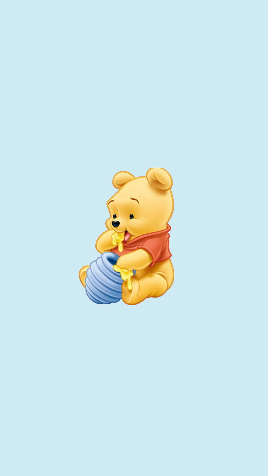 Winnie the Pooh Eating Honey From a Blue Pot on a Soft Blue Background HD phone wallpaper
