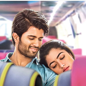 Geetha Govindam Movie Still of Man and Woman Sharing a Tender Moment on a Bus HD phone wallpaper