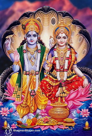 Lord Vishnu and Goddess Lakshmi Seated on Lotus with Serpent Canopy HD phone wallpaper