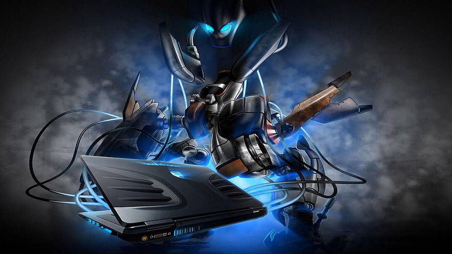 Futuristic Cybernetic Robot Interacting with Gaming Laptop in Dark Atmosphere HD wallpaper
