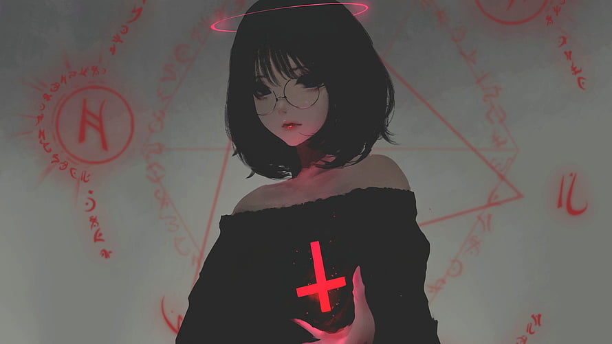 Aoi Ogata Anime Girl With Red Cross And Occult Symbols HD wallpaper