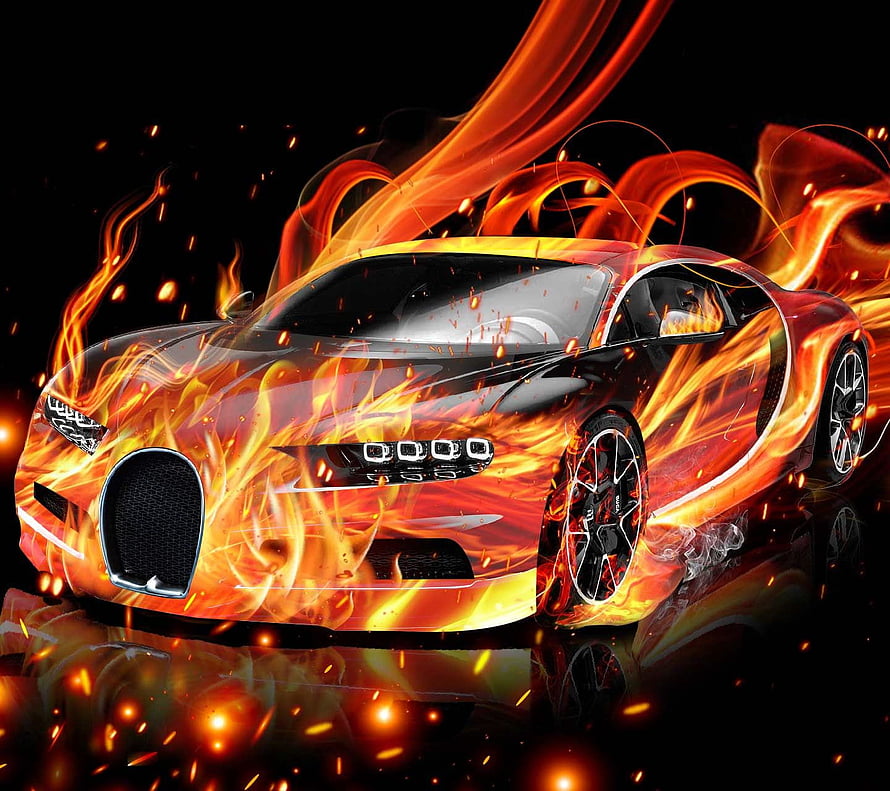 Flaming Bugatti Chiron Hypercar with Fire Effects on Black Background HD wallpaper