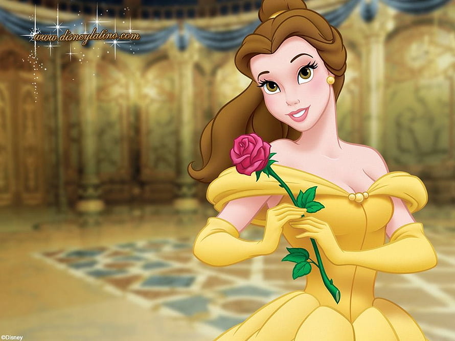 Belle from Beauty and the Beast in her iconic yellow ballgown holding a pink rose in a grand castle ballroom HD wallpaper