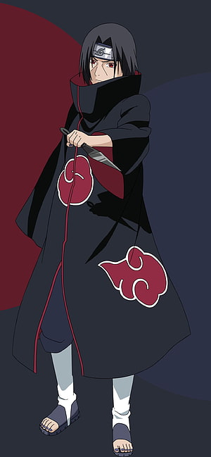 Itachi Uchiha in Akatsuki Cloak Holding Kunai Anime Character Portrait HD phone wallpaper