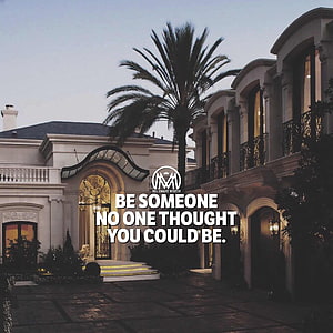 Luxury Mediterranean Estate at Dusk with Palm Tree and Inspirational Quote HD phone wallpaper