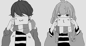 Grayscale Anime Couple Holding Matching Cards With Cute Faces HD wallpaper