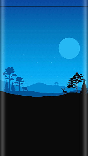 Minimalist Blue Night Landscape with Moon, Deer, Elephant, and Pine Trees Silhouette HD phone wallpaper