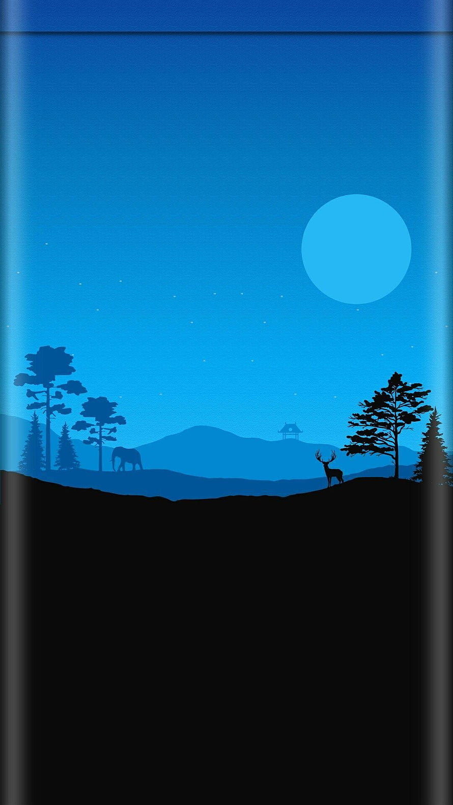 Minimalist Blue Night Landscape with Moon, Deer, Elephant, and Pine Trees Silhouette HD phone wallpaper