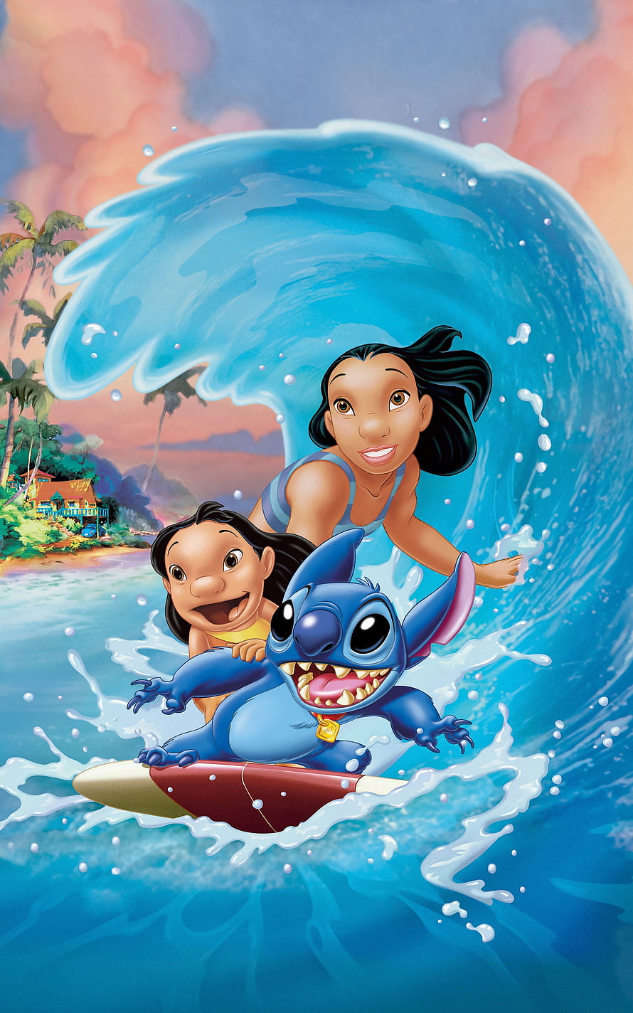Lilo and Stitch surfing a giant wave in a tropical ocean scene HD phone wallpaper