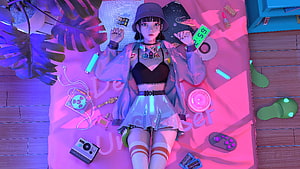 Cyberpunk Anime Girl Lying on Bed with Retro Tech and Neon Lighting HD wallpaper