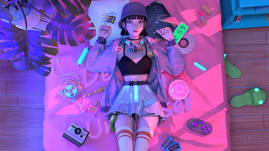 Cyberpunk Anime Girl Lying on Bed with Retro Tech and Neon Lighting HD wallpaper