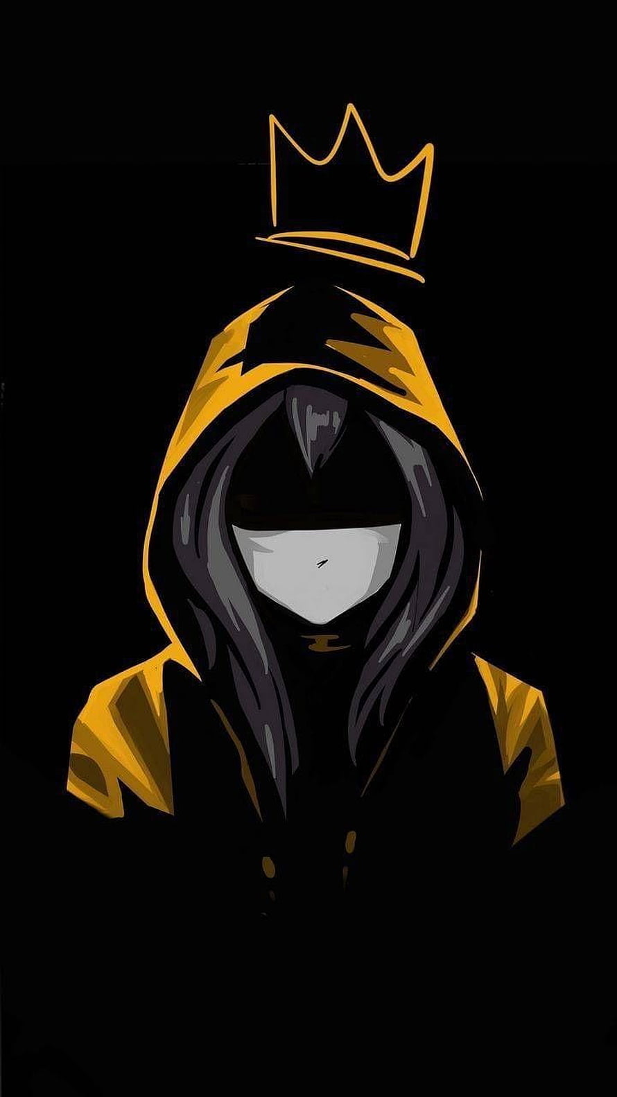 Mysterious Hooded Figure with Golden Crown and Dark Hair on Black Background HD phone wallpaper