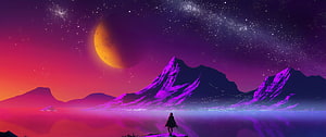 Lone Figure Gazing at Alien Landscape with Purple Mountains and Starry Sky HD wallpaper