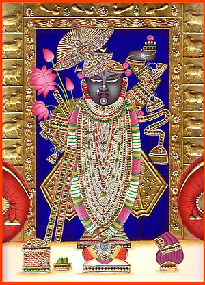 Shrinathji Murti in Traditional Pichwai Style with Lotus and Ornate Gold Frame HD phone wallpaper