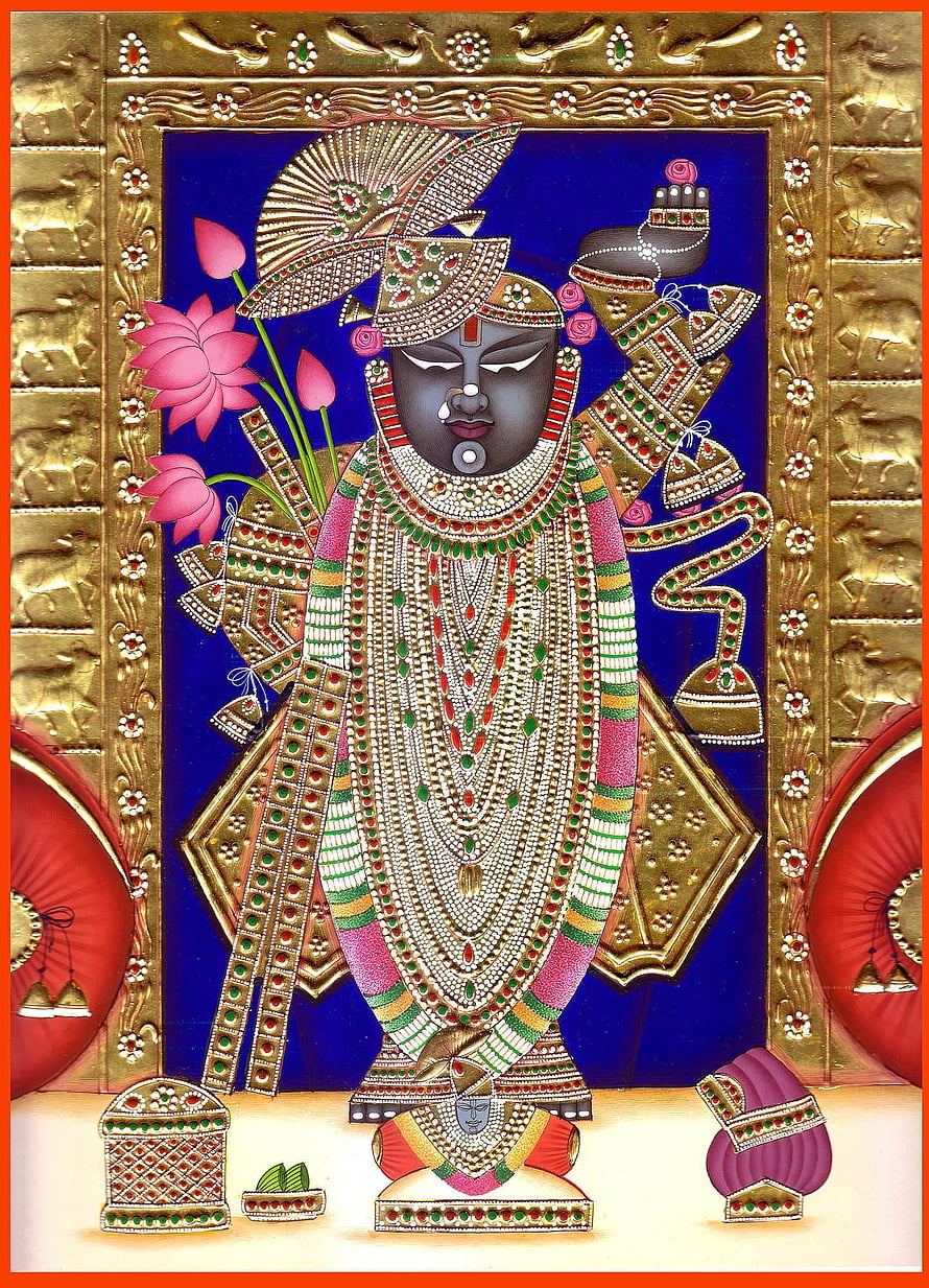 Shrinathji Murti in Traditional Pichwai Style with Lotus and Ornate Gold Frame HD phone wallpaper