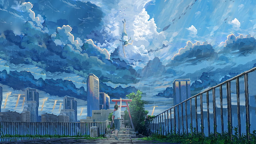 Tenki no Ko Anime Illustration: Boy Reaching Toward Floating Girl in Rainy Sky HD wallpaper