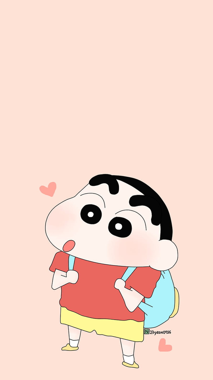 Cute Shin-chan Anime Character with Red Shirt and Blue Backpack on Pink Background HD phone wallpaper