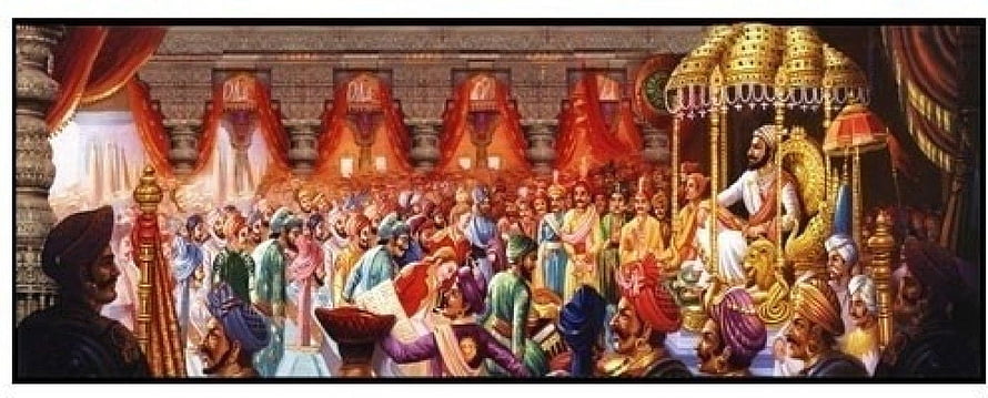 Shivrajyabhishek Coronation Scene with King on Golden Throne and Royal Court HD wallpaper