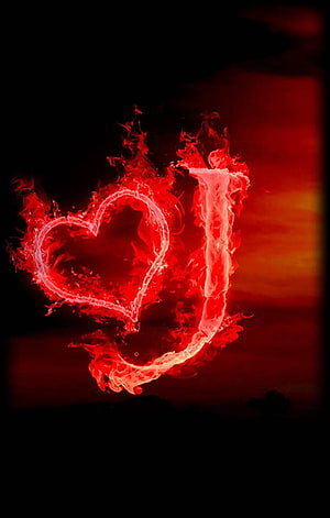 Flaming Red Letter J With Heart Shape Against Dark Background HD phone wallpaper