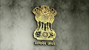 Golden State Emblem of India with Ashoka Chakra and Satyameva Jayate Motto on Textured Grey Background HD wallpaper