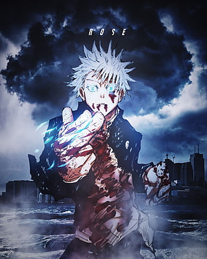 Gojo Satoru from Jujutsu Kaisen in a dramatic battle scene with glowing blue eyes and dark stormy sky HD phone wallpaper